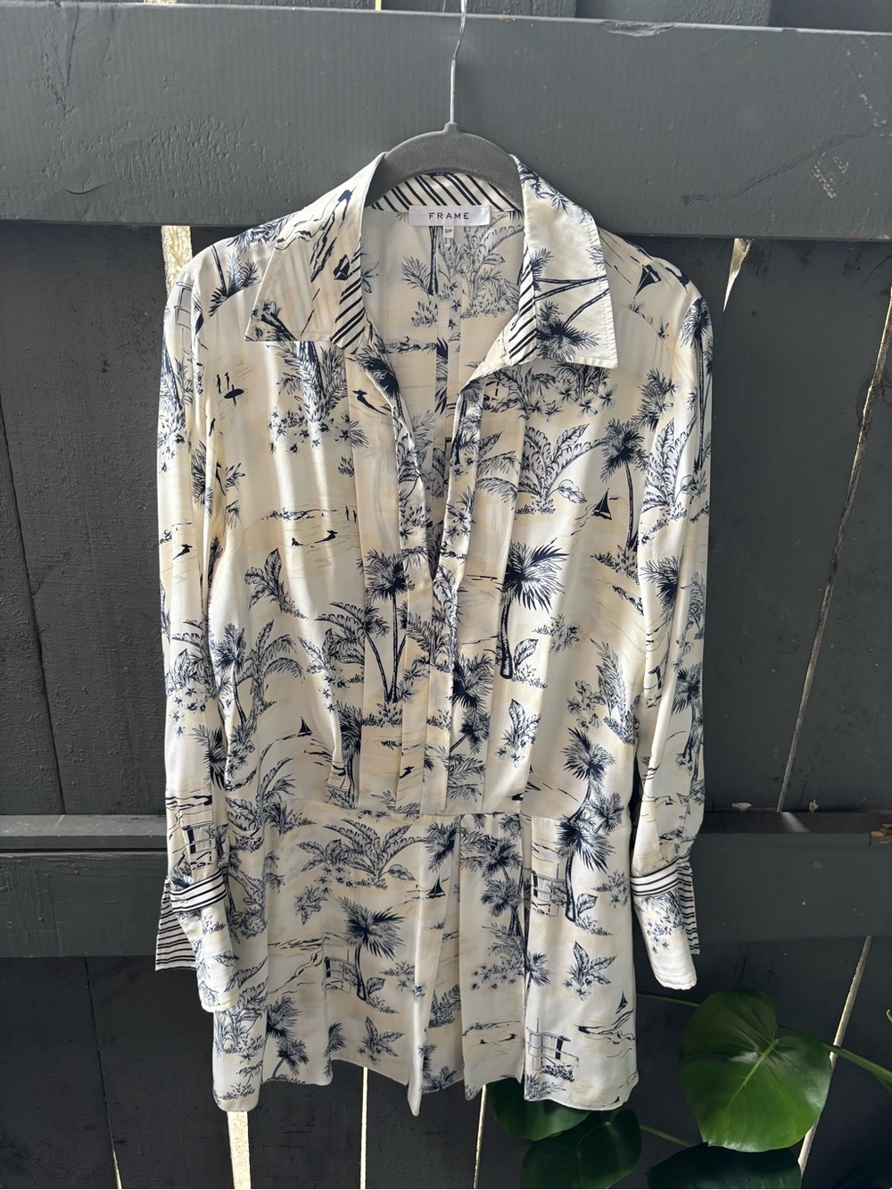 Frame Denim Cream and Navy Tropical-Print Button Front Shirt Dress